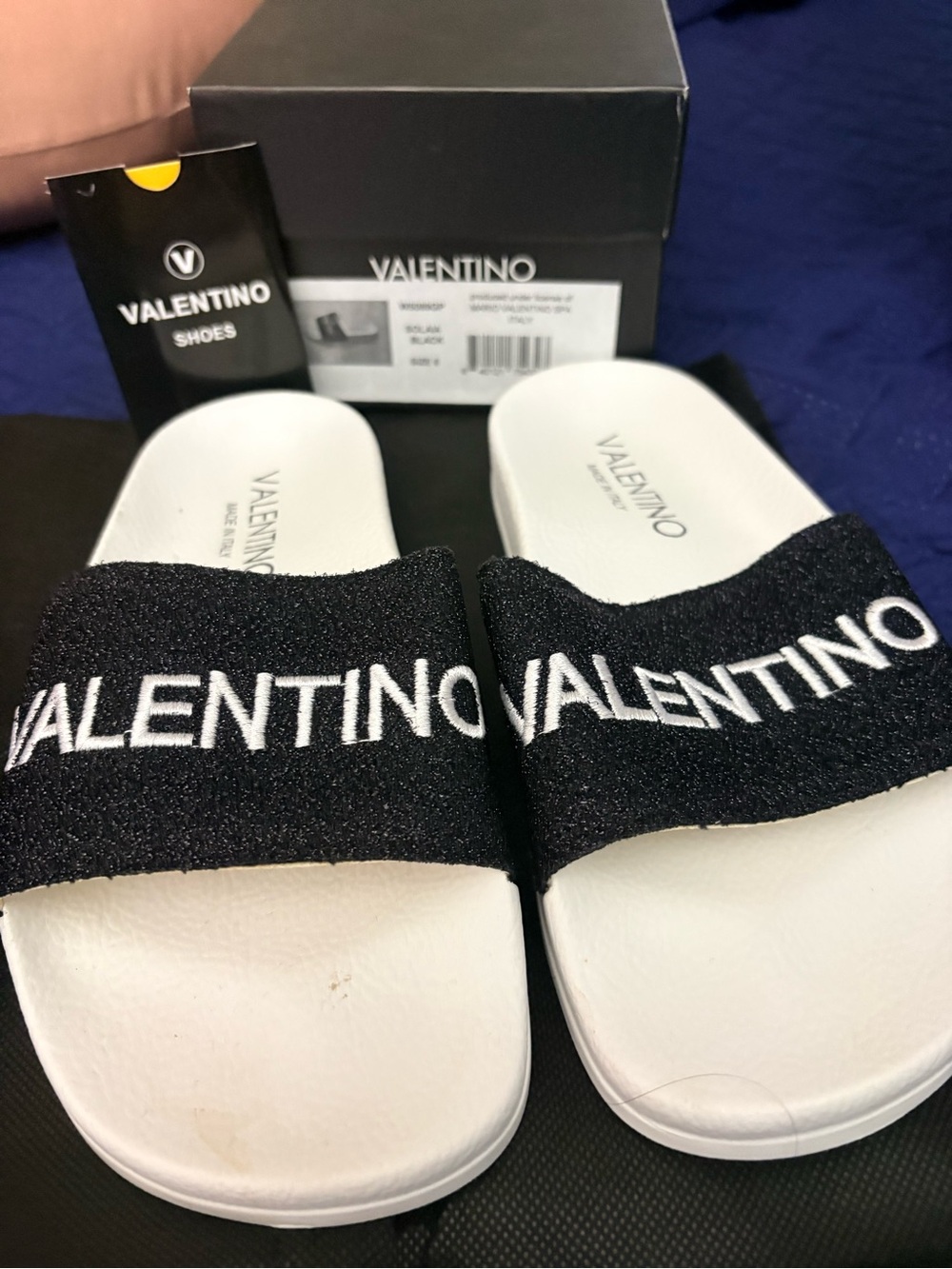 Valentino Black and White Logo Slide Sandals